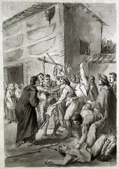 Dispute on the inn', illustration by Antonio Carnicero (1748 - 1814) for the edition by Joaquín I?