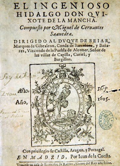 Title page of the first edition of the book 'Don Quixote de la Mancha', Madrid, Juan de la Cuesta?