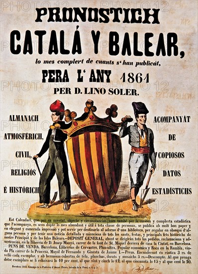 Pronostich Català y Balear, cover of the calendar for 1861 with an illustration  of Antoni Flotats.
