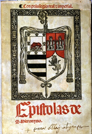 Epistles of St. Jerome, cover in two colours with large coat of arms of the Abbess Maria Enriquez?