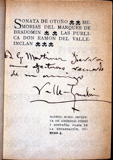 Cover 'Autumn Sonata - Memoirs of the Marquis of Brandomin', by Valle Inclan with autograph inscr?