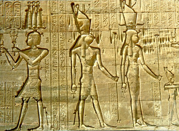 Reliefs with figures and writing in the Temple of Hathor.