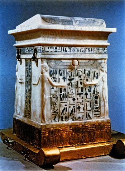 Canopic vase found among the grave goods in the tomb of Pharaoh Tutankhamun, carved in alabaster.