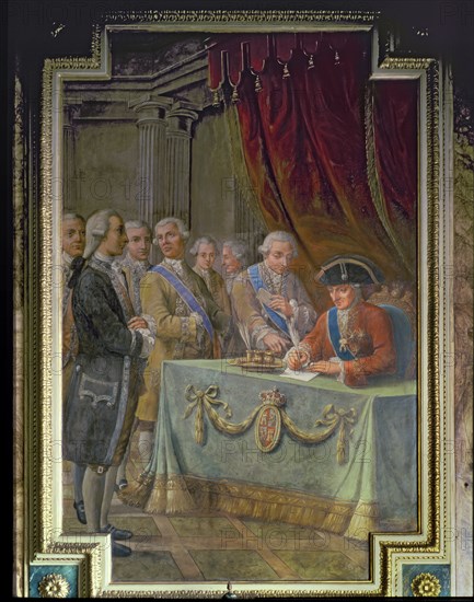 Charles III signing the decree authorizing trading with the Philippines and Asia.