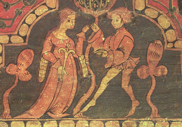 Scene of a loving couple, detail of a table in the coffered ceiling of the castle of Peñafiel (Va?