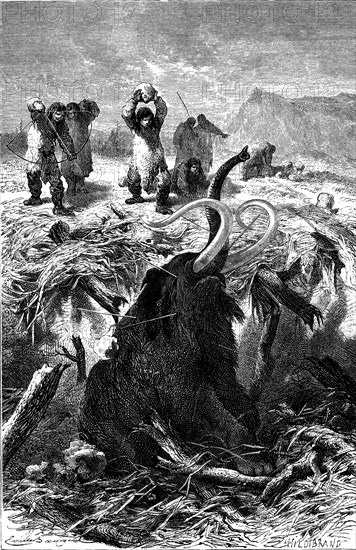 Mammoth Hunting in the Stone Age, engraving, 1900.