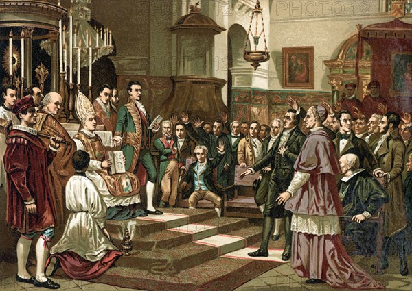 Scene of the oath in the Courts of Cadiz, in 1812, a copy of a Painting by Casado del Alisal, chr?