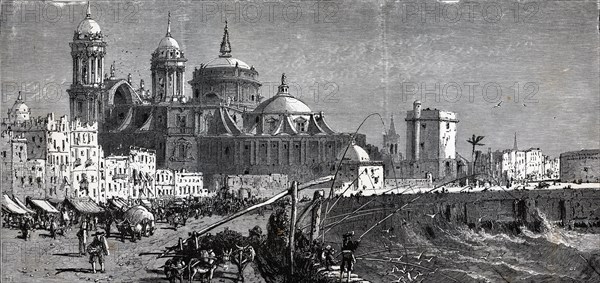 View of the walk along the harbor and cathedral of the city of Cadiz, engraving, 1886.