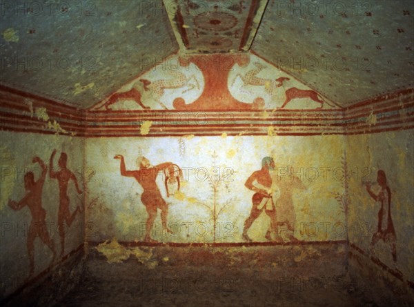 Frescoes in the Baccanti tomb in the necropolis of Montarozzi at Tarquinia.