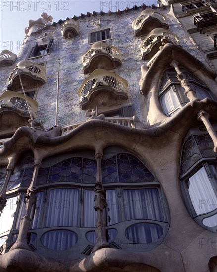 Detail of the façade of the Casa Batllo, built between 1904 and 1906, designed by Antoni Gaudí i ?