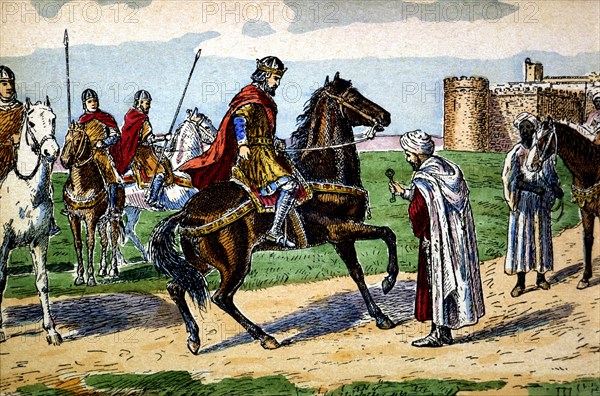 Conquest of Zaragoza in 1118 by the troops of Alphonse I the Battler, drawing.