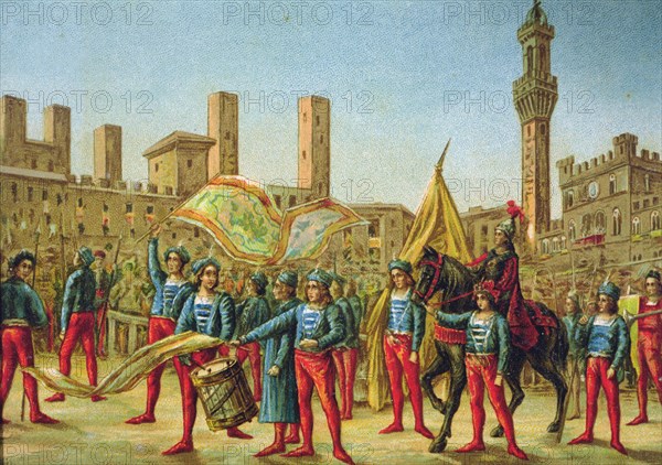 View of the Piazza del Campo in Siena during the Palio celebration where the representatives of t?