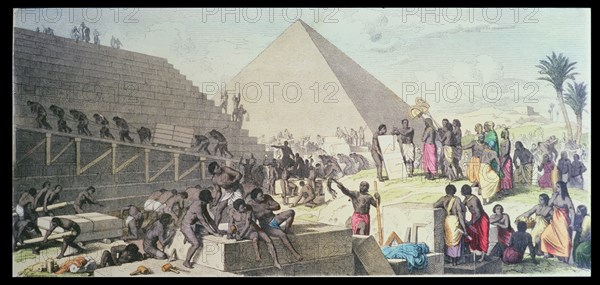 Construction of a pyramid, engraving, 1862.