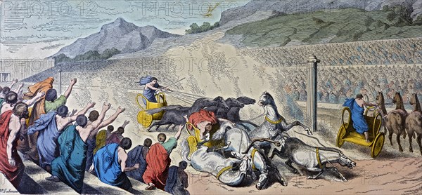 Games in Greece, chariot race, engraving, 1862.