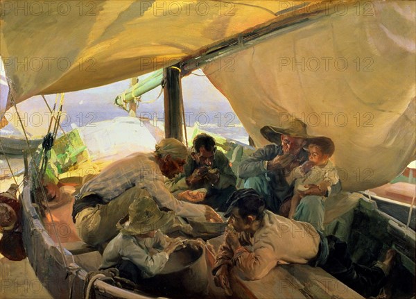 'The meal on the boat', 1898, oil by Joaquin Sorolla.