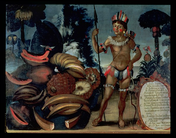 Yumbo Indian from the vicinity of Quito with various fruits and trees, oil from the 18th century.