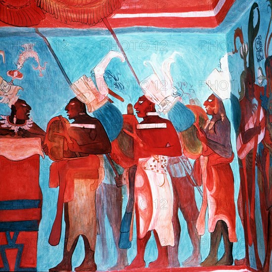 Fresco in the Room 1 of the Bonampak painting temple depicting scenes of life.