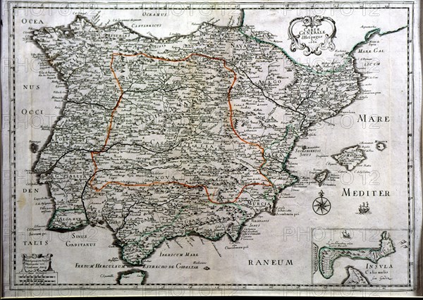 Colored map of Spain, 1682, with the island and tunny fisheries of Cadiz in a box.