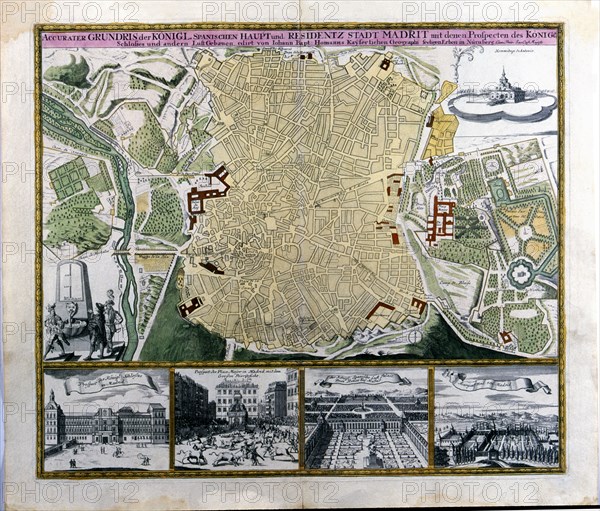 Colored plan of Madrid, hand engraving. Austria, c. 1710, by C. Lotter.