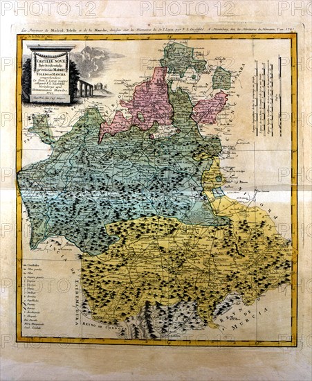 Colored map of Madrid and Castilla - La Mancha, engraved in Nuremberg 1781 by the heirs of Homann?