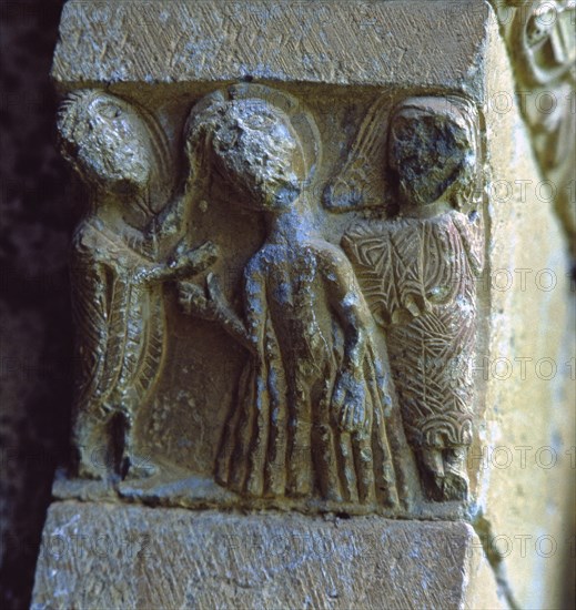 'Saint John baptising Christ', capital of the front of the church of San Juan de Montañana (Hues?