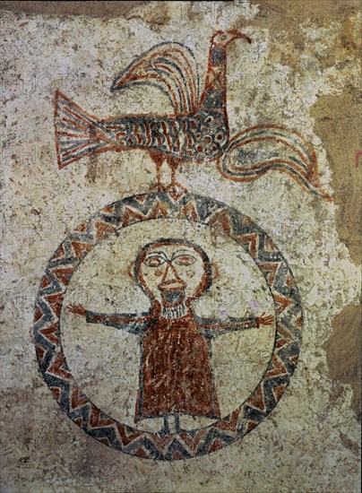 Prayer, detail of mural Painting that was in the apse of the pre-Romanesque church of Sant Quirze?