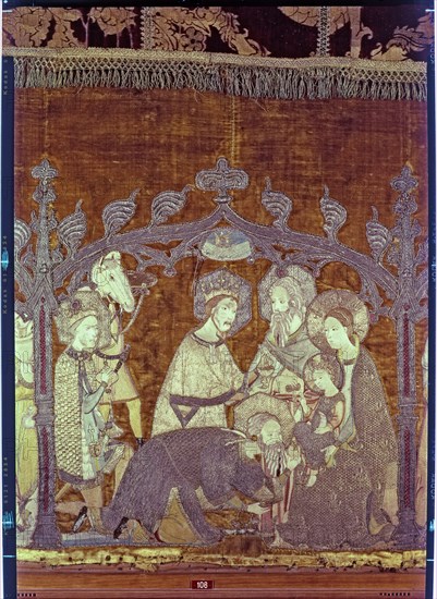 Adoration of the Magi, embroidered on a cloth of gold and silk.