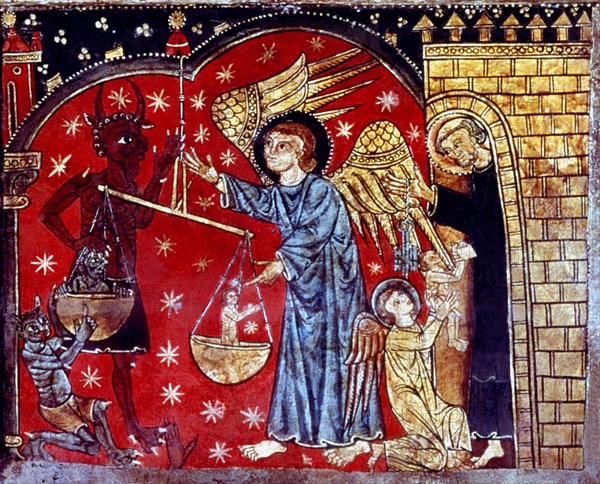 Detail of Saint Michael and the devil weighing souls and an angel giving a soul to Saint Peter on?