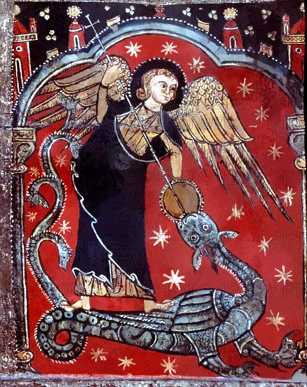 Detail of Saint Michael fighting the dragon on the altar front 'Master of Soriguerola' from the p?