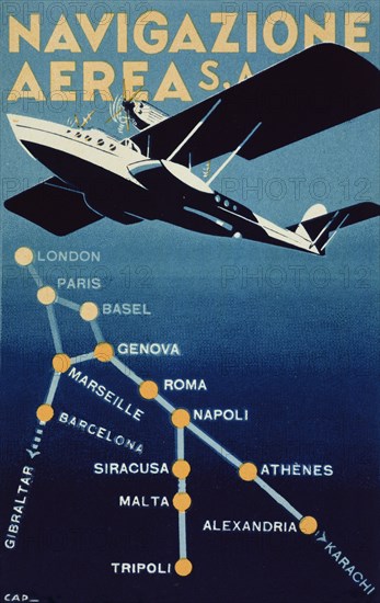 Poster advertising the company Navigazione Aerea, SA. Genova, 1932.