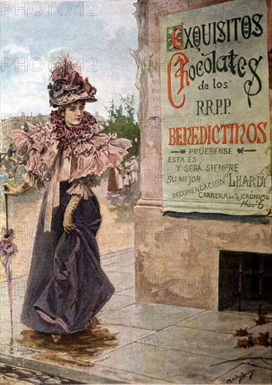 Advertisement of the Benedictine Fathers chocolates, drawing by Bringa Mendez, 1902.