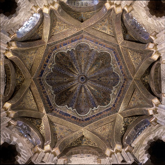 Dome of the Mihrab of the Mosque of Cordoba, coated in fine Byzantine mosaic, built by the King A?