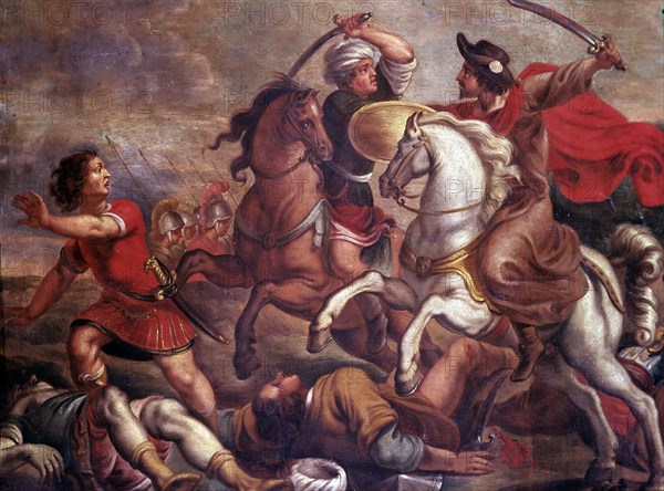 Santiago 'The Elder', disciple of Jesus and one of the 12 Apostles, battle of Clavijo, oil on cop?