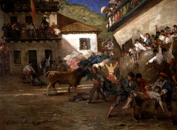 'Bulls in Lezo 1882' oil by Gustave Colin.