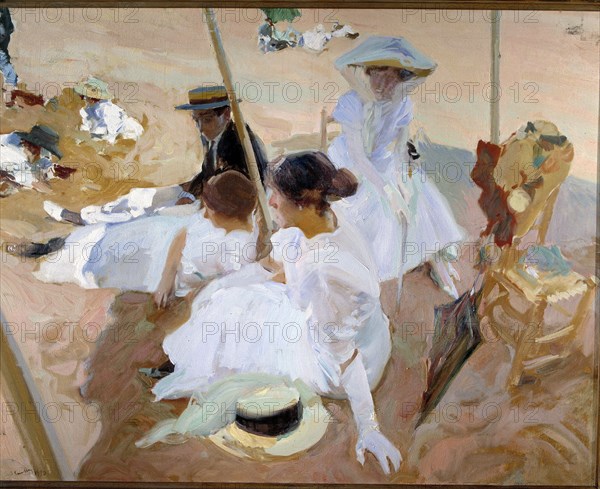 'Under the sunshade', Zarauz 1910, Joaquín Sorolla Oil.