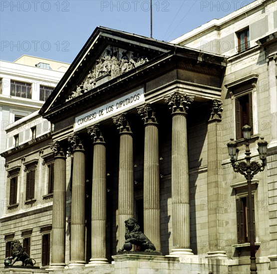 Exterior view of the Congress of Deputies, built between 1843 and 1850 by Narciso Pascual y Colomer.