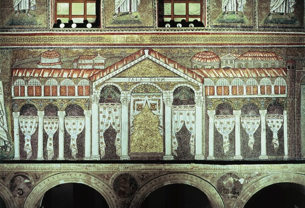 Mosaic representing the palace of Theodoric in San Apollinaire Nuovo, Ravenna.