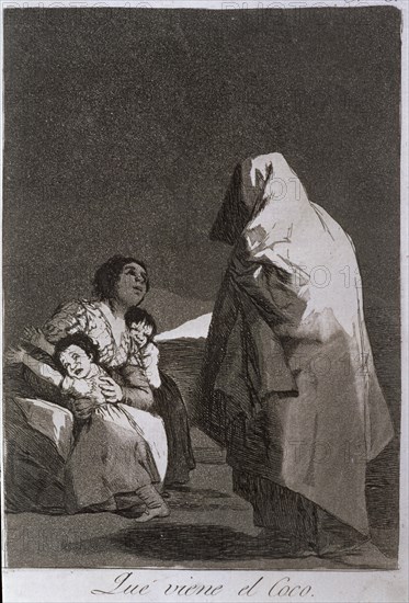 Los Caprichos, series of etchings by Francisco de Goya (1746-1828), plate 3: 'Que viene el coco' ?