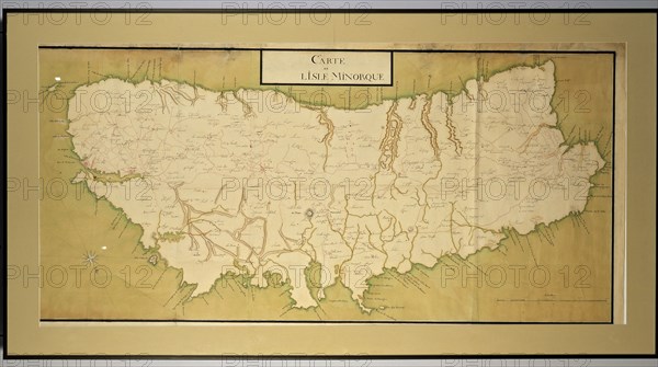 Manuscript map painted in gouache of the island of Menorca with names, Menorca language, Spanish ?