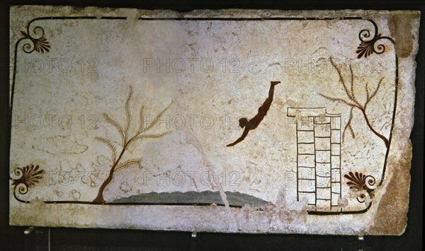 Painting showing a man jumping off a springboard at the Tomb of Jumper, Greek painting italic-inf?