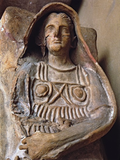 Etruscan terracotta sarcophagus with the image of the deceased, detail.