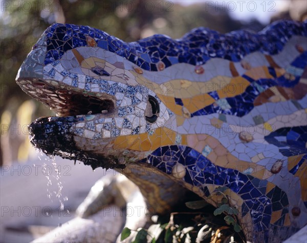 Detail of Triton fountain at the entrance of Park Güell, designed by Antoni Gaudi.