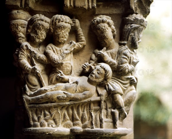 Resurrection of Jesus, decoration of a capital of the cloister from the Cathedral of Tudela.