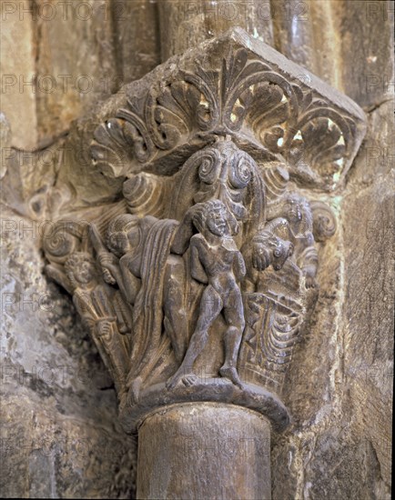The sacrifice of Isaac, decoration of a capital in the south side porch of the cathedral of Jaca.