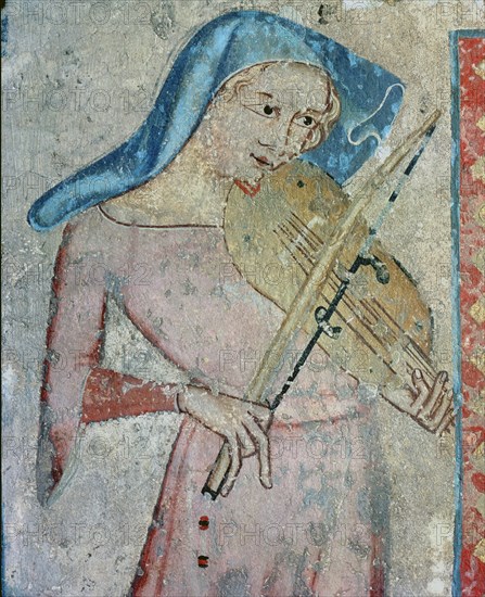 'Courtier or minstrel playing a musical instrument', wall painting from the refectory of the Cat?