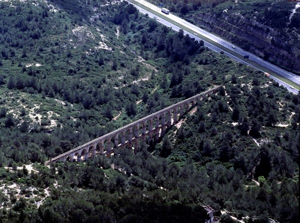 Aerial view of the aqueduct of Ferreras or Devil's Bridge, built during the reign of Emperor Traj?