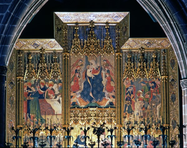 Altarpiece of Saints Cosme and Damian, detail of the three tables on the top, 1455 by Miquel Nada?