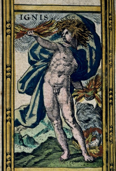 'Fire', coloured engraving from the book 'Le Theatre du monde' or 'Nouvel Atlas', 1645, created,?