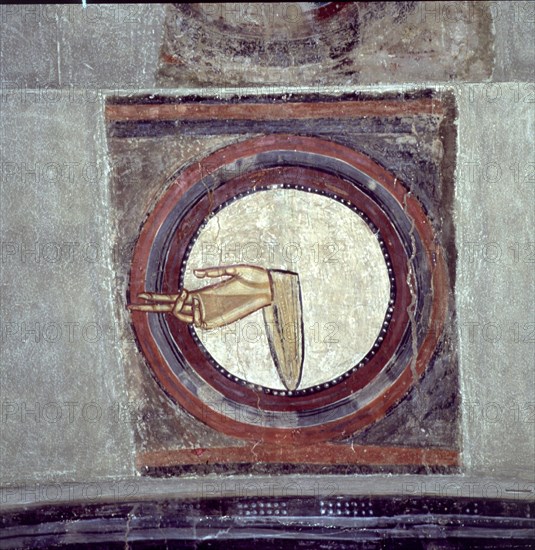 Detail with the hand of God in the apse of the church of Sant Climent de Taüll in the Vall de Boi?