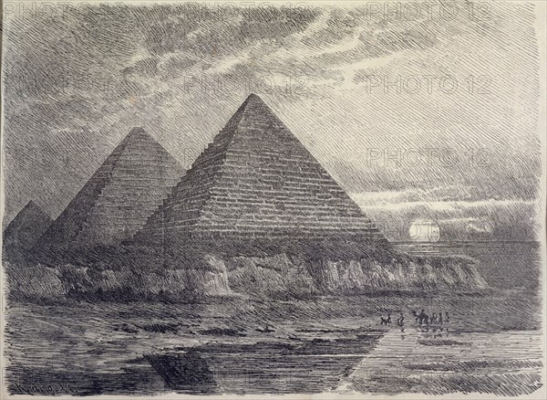 Pyramids of Egypt, German engraving from 1886, is one of the seven wonders of the world..